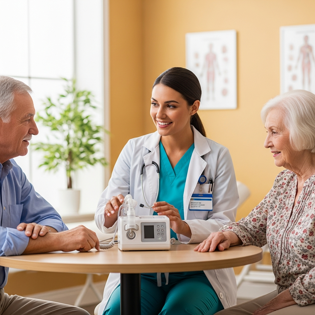 A respiratory therapist helping an elderly couple with a CPAP machine